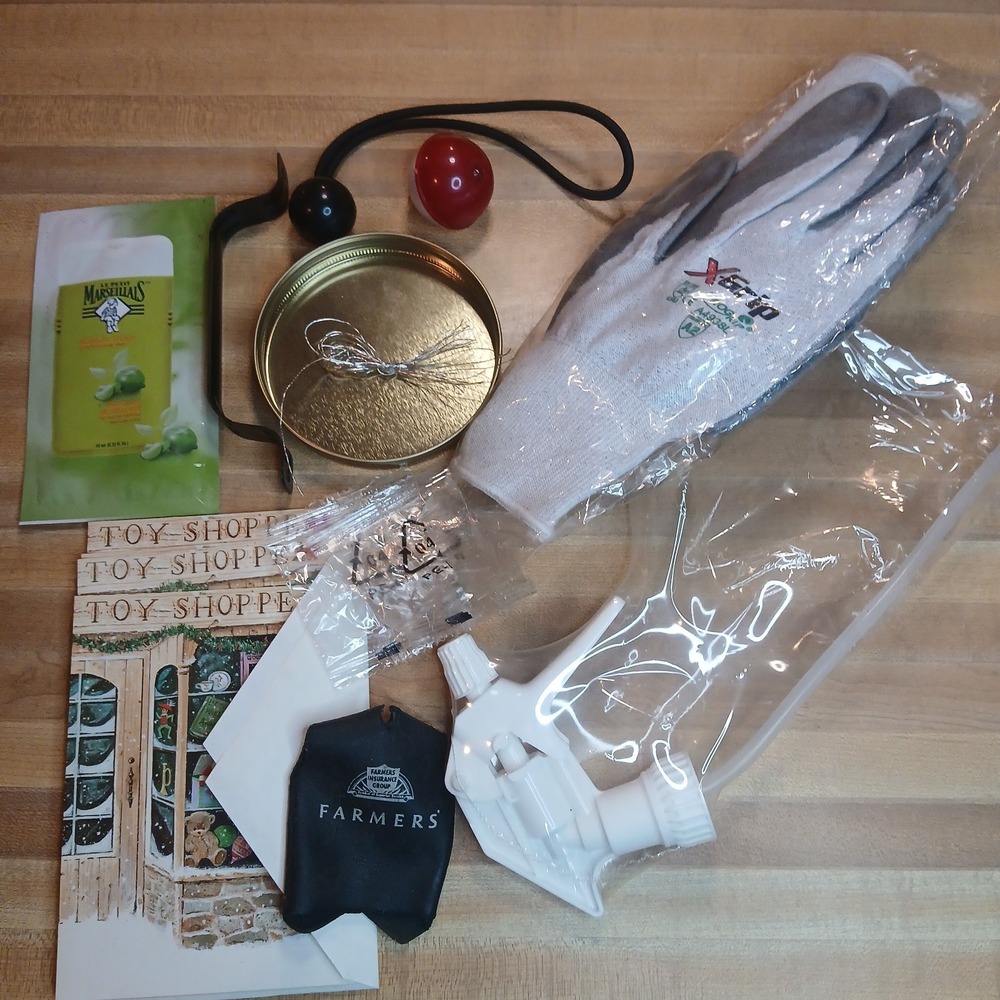 Junk Drawer Lot #1 New Gloves, New Spray Handle,‎ Farmers Coozie 3 Buttons& More